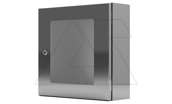 Щит ECOR моноблочный 500x400x200мм (ВxШxГ) из нерж. стали навесной с монт. панелью  со стеклянной дверью, 1 язычковый замок,  дно глухое, IP66