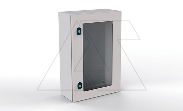 Щит ECOR моноблочный 500x400x200мм (ВхШхГ) навесной с монтажной панелью, 1 прозрачная дверь, 1 замок, 1 пластина кабельного ввода, RAL7035, IP66