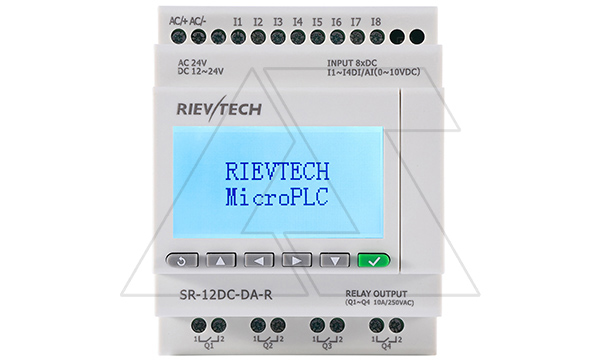 Программируемый логический контроллер SR-12DC-DA-R, 12_24VDC, 8DI(4AI/0_10V), 4RO(10A), RTC, FBD, Ethernet, ЖКИ Программируемый логический контроллер SR-12DC-DA-R, 12_24VDC, 8DI(4AI/0_10V), 4RO(10A), RTC, FBD, Ethernet, ЖКИ