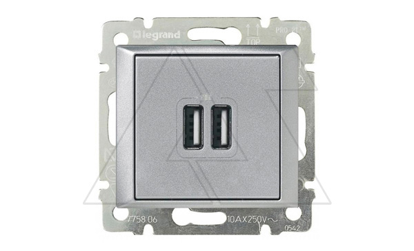 Valena - Розетка с 2-мя коннекторами USB Type A, алюминий