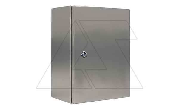 Щит ECOR моноблочный 500x500x300мм (ВxШxГ) из нерж. стали навесной с монт. панелью  однодверный, 1 язычковый замок,  дно глухое, IP66