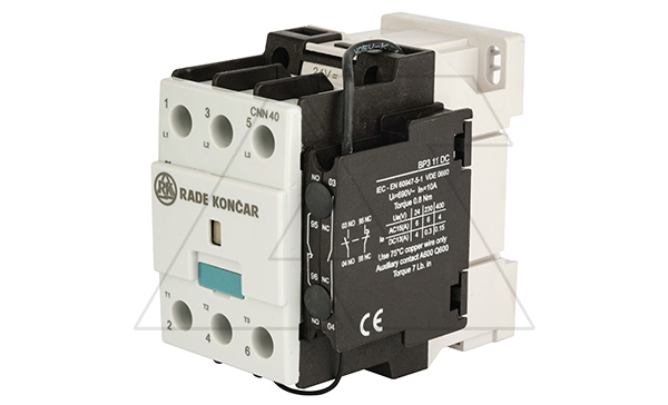 Контактор CNN 40 10, 24VDC, 3P, 38A/(50A по AC-1), 18.5kW(400VAC), 1NO, Uk=24VDC, Iвтяг=5,2А, Iуд=0,12А