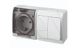 HERMES - Выключатель двухклавишный 10A/250V + Розетка 2P+E, 16A/250V, с прозрачной крышкой, IP44, белый от интернет-магазина amperkin.by