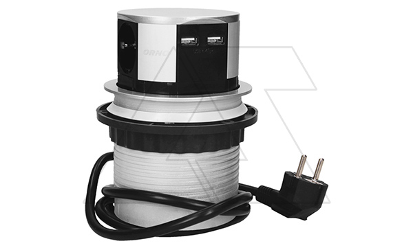 Блок розеточный встраиваемый выдвижной d=100мм, 2хUSB 5V 2,4A + 3x2P+E со шторками, 3680вт, кабель 1,5м, алюминий (стикерованный)