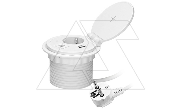 Блок розеточный встраиваемый d=80мм, 2хUSB Type A+C 5V 2,4A + 2P+E ,беспроводная зарядка, сменный модуль RJ/HDMI/USB, 3680вт, кабель 1,8м, белый