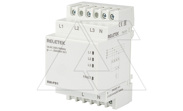 Реле выбора приоритетной фазы RM-PS1, 3NO+N, 25A, 220VAC, Umin(190V)/Umax(280V), 1s/150ms, LED, 3M