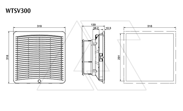 Вентилятор с фильтром 115Вт, 620(850)м3/час, 400VAC, габариты 318x318x161мм, вырез 291x291мм, выбор направления потока, клеммная колодка, IP54 RAL7035