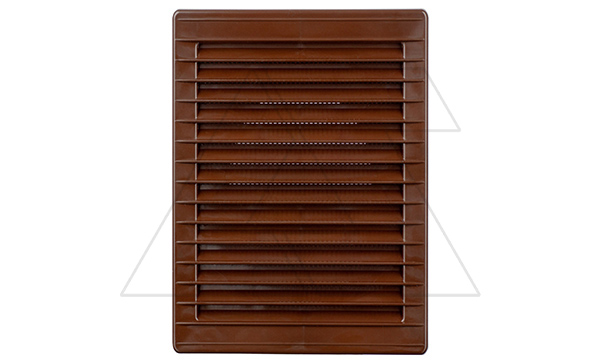 Решетка вентиляционная с косыми ламелями, с сеткой, прямоугольная, 230х172мм, с выводом 210x140мм, пластик, коричневый