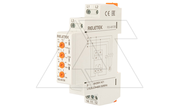 Реле контроля напряжения RS-MV36/400, 3P L-L 400V, 1CO, 8A(250VAC), обрыв, чередование, Umin+Umax, 0.1_10s, 1M
