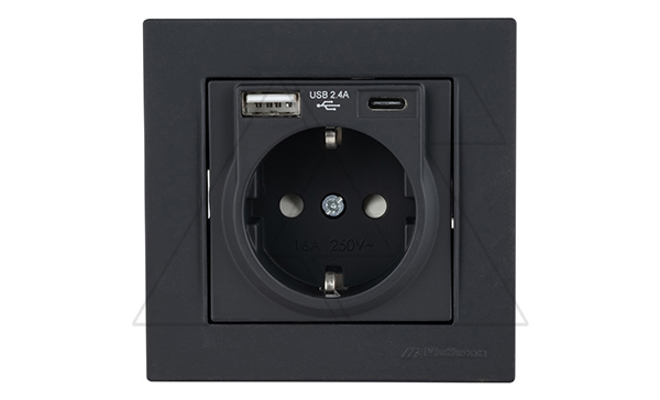 Rita - Розетка 2P+E, USB Type A, USB Type С, 2,4A (однопостовой монтаж в комплекте с рамкой), черный мат