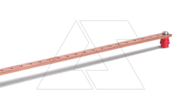 Шина медная эквипотенциальная 20x5x400mm с резьбовыми отверстиями M6 и 2-мя изоляторами