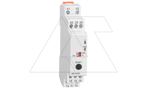 Реле  термисторной защиты двигателя RS-TER1, 24-240V AC/DC, 2CO, 8A(250V), авт./ручн. или дистанц. сброс, PTC/TK, LED, 1M