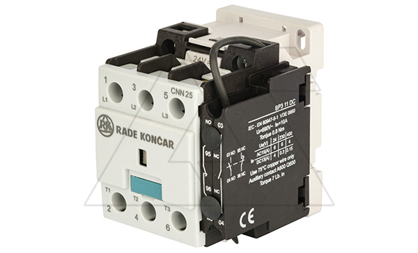 Контактор CNN 25 10, 24VDC, 3P, 25A/(40A по AC-1), 11kW(400VAC), 1NO, Uk=24VDC, Iвтяг=5,1А, Iуд=0,12А