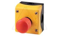 Пост кнопочный M22-PV/KC02/IY, пластик, желтый верх и черное основание, 1 красная аварийная кнопка (разблокировка вытягиванием), 2NC, IP67/69K