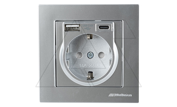 Rita - Розетка 2P+E, USB Type A, USB Type С, 2,4A (однопостовой монтаж в комплекте с рамкой), нерж. сталь