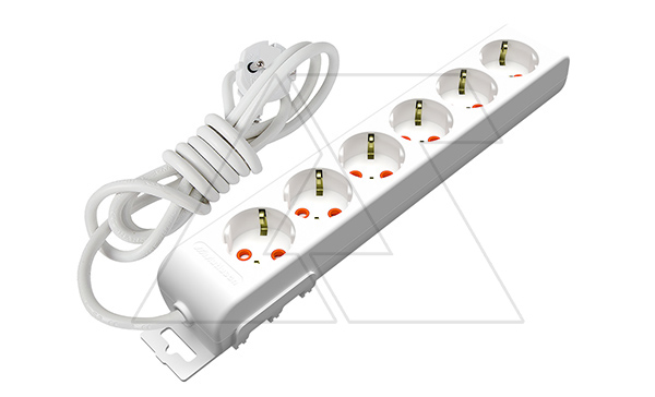 Ri-tech - Удлинитель 6x2P+E, нем. ст., со шторками, кабель 3x1,5мм², 5м, белый