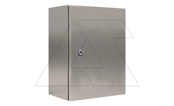 Щит ECOR моноблочный 300x400x150мм (ВxШxГ) из нерж. стали навесной с монт. панелью  однодверный, 1 язычковый замок,  дно глухое, IP66