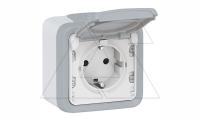 PLEXO - Розетка 2P+E c крышкой, IP55, накладной монтаж, в сборе, серый