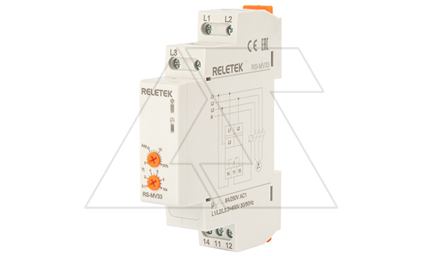 Реле контроля напряжения RS-MV33/400, 3P L-L 400V, 1CO, 8A(250VAC), обрыв, чередование, асимметрия, 0.1_10s, 1M