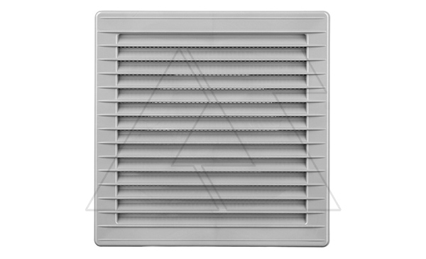 Решетка вентиляционная с косыми ламелями, с сеткой, квадратная, 172х172мм, с выводом 140x140мм, пластик, серый