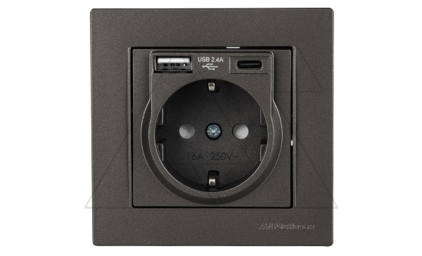 Rita - Розетка 2P+E, USB Type A, USB Type С, 2,4A (однопостовой монтаж в комплекте с рамкой), дымчатый