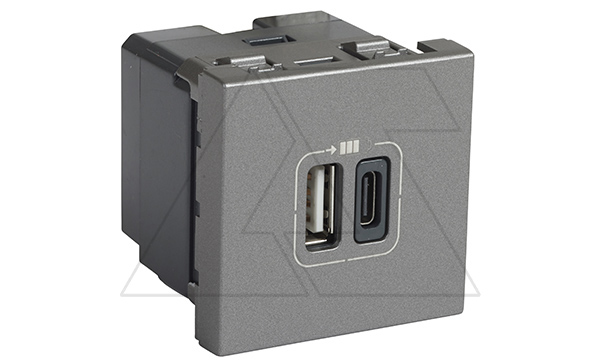 Mosaic - Розетка 2xUSB type A+С, 2М, 15V, 3000мA, винт. зажимы, алюминий