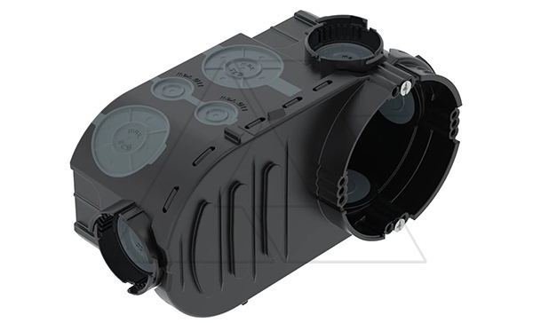 Подрозетник UE 66 одиночный, с доп. пространством, 650°С, Ø64мм, h=66мм, для спл. стен, c винтами, c воздухонепр. мембр. вводами, черный, полипропилен