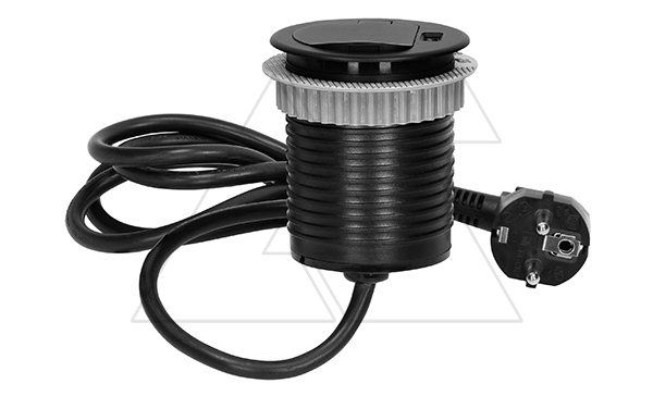 Блок розеточный встраиваемый d=60мм, USB 5V 2,4A + 2P+E со шторками, 3680вт, кабель 1,9м, черный (стикерованный)