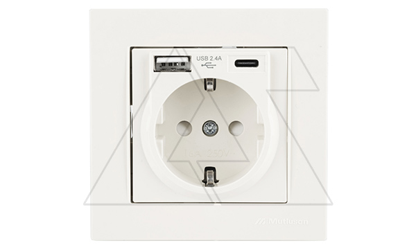 Rita - Розетка 2P+E, USB Type A, USB Type С, 2,4A (однопостовой монтаж в комплекте с рамкой), белый