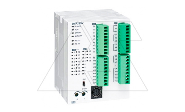 Программируемый логический контроллер DVP28SV11R2, 16DI, 12RO, 24VDC, 30K шагов, RS232, RS485 Программируемый логический контроллер DVP28SV11R2, 16DI, 12RO, 24VDC, 30K шагов, RS232, RS485