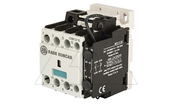 Контактор CNN 12 10, 24VDC, 3P, 12A/(25A по AC-1), 5.7kW(400VAC), 1NO, Uk=24VDC, Iвтяг=5,1А, Iуд=0,12А