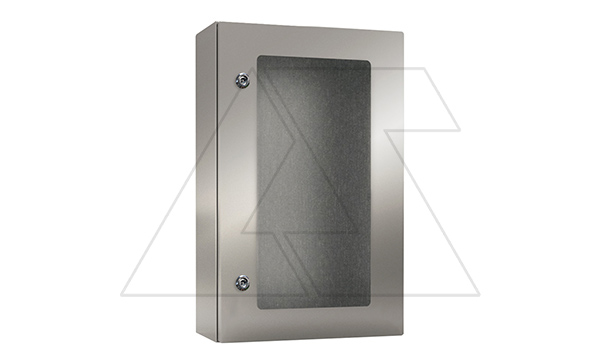 Щит ECOR моноблочный 600x400x200мм (ВxШxГ) из нерж. стали навесной с монт. панелью  со стеклянной дверью, 2 язычковых замка,  дно глухое, IP66