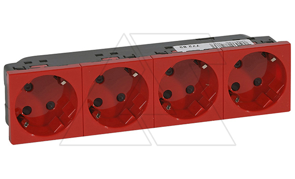 Mosaic - Розетка с механ. блокировкой 4-х постовая 4х2P+E, 8M, защ. шторки, пруж.зажимы, со смещением контактов 45°, красный