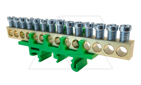 Клемма Morek для заземления PE14  14x1,6_16mm² Cu, 63A, 690V, зеленый, на DIN-рейку, IP00 (стикерованный)