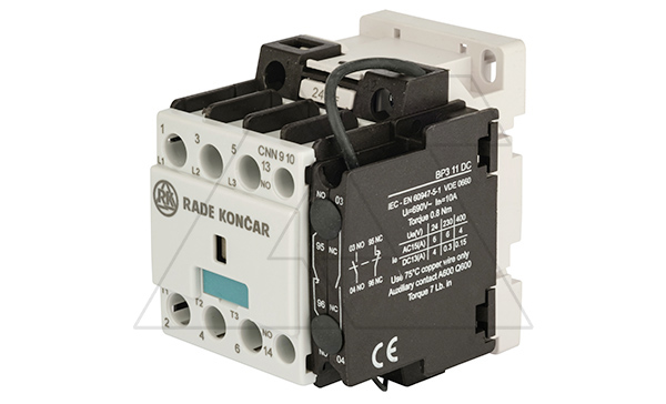 Контактор CNN 9 10, 3P, 9A/(25A по AC-1), 4.5kW(400VAC), 1NO, Uk=24VDC, Iвтяг=5,1А, Iудерж=0,12А