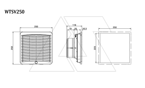 Вентилятор с фильтром 50Вт, 200(270)м3/час, 230VAC, габариты 250x250x99мм, вырез 223x223мм, выбор направления потока, клеммная колодка, IP54, RAL7035