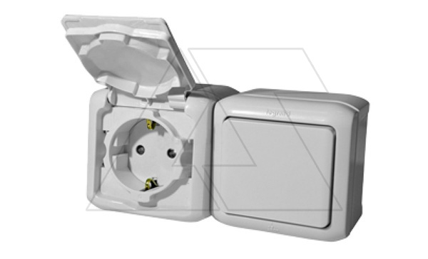 Quteo - Выключатель + Розетка 2P+E защ. шторки, IP44,накладной монтаж, винт. зажимы, серый