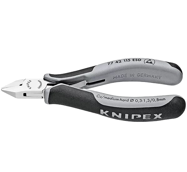 Бокорезы ESD для электроники, острая головка, без фаски, L-115 мм, 2-комп.ручкоядки (KNIPEX)
