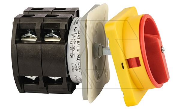 Переключатель BS 63 92 LK (IP54), аварийный, 4P, 63A, тип 0-1, 22kW(400VAC по АС-23), на дверь, красная блокируемая в 0 рукоятка, фронт IP54