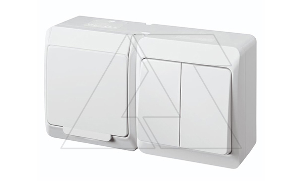 HERMES - Выключатель двухклавишный 10A/250V + Розетка 2P+E, 16A/250V, с крышкой, IP44, белый