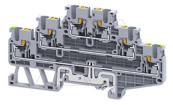 Клемма трехъярусная CPTLG2.5 /5x102mm, push-in, 6 присоед., L/L/PE, 2,5(max 4)mm2, 20A, 500V, серая