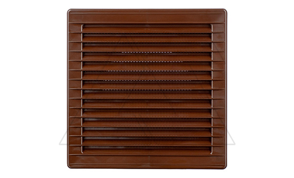 Решетка вентиляционная с косыми ламелями, с сеткой, квадратная, 172х172мм, с выводом 140x140мм, пластик, коричневый (стикерованный)