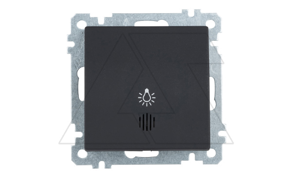 21 - Выключатель кнопочный с подсветкой, символ - лампа, пруж. зажимы, черный мат