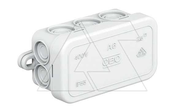 Коробка распред. A6 без клемм, IP55, 80х43х34мм, 6 вводов 5...14мм, 4 ввода 5...9мм, серый, полиэтил