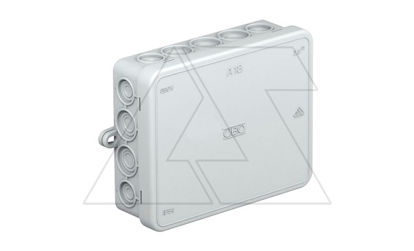 Коробка распред. A18 без клемм, IP55, 129х100х40мм, 8 вводов 5...11мм + 10 вводов 5...14мм, серый, полиэтилен